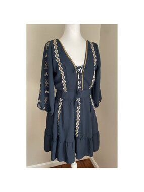 Dress Forum M Navy Embroidered Corset Tie Front Short Boho Hippie Alpine Oktober